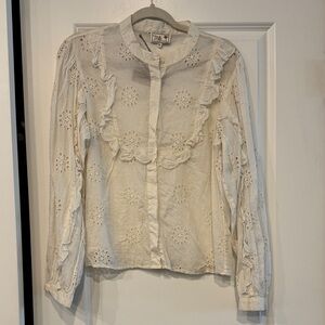 Elegant Cream Eyelet Ruffle Blouse